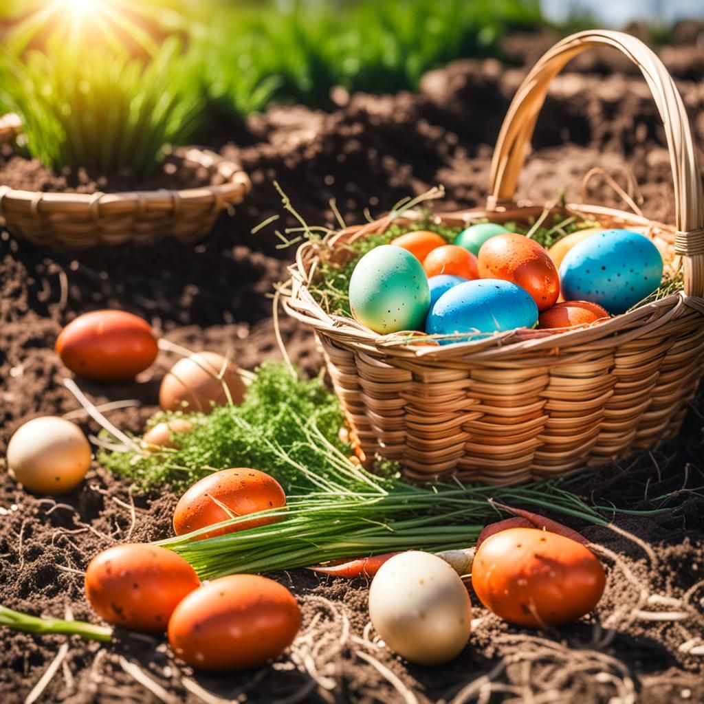 Easter Eggs and Carrot in Sunny Garden