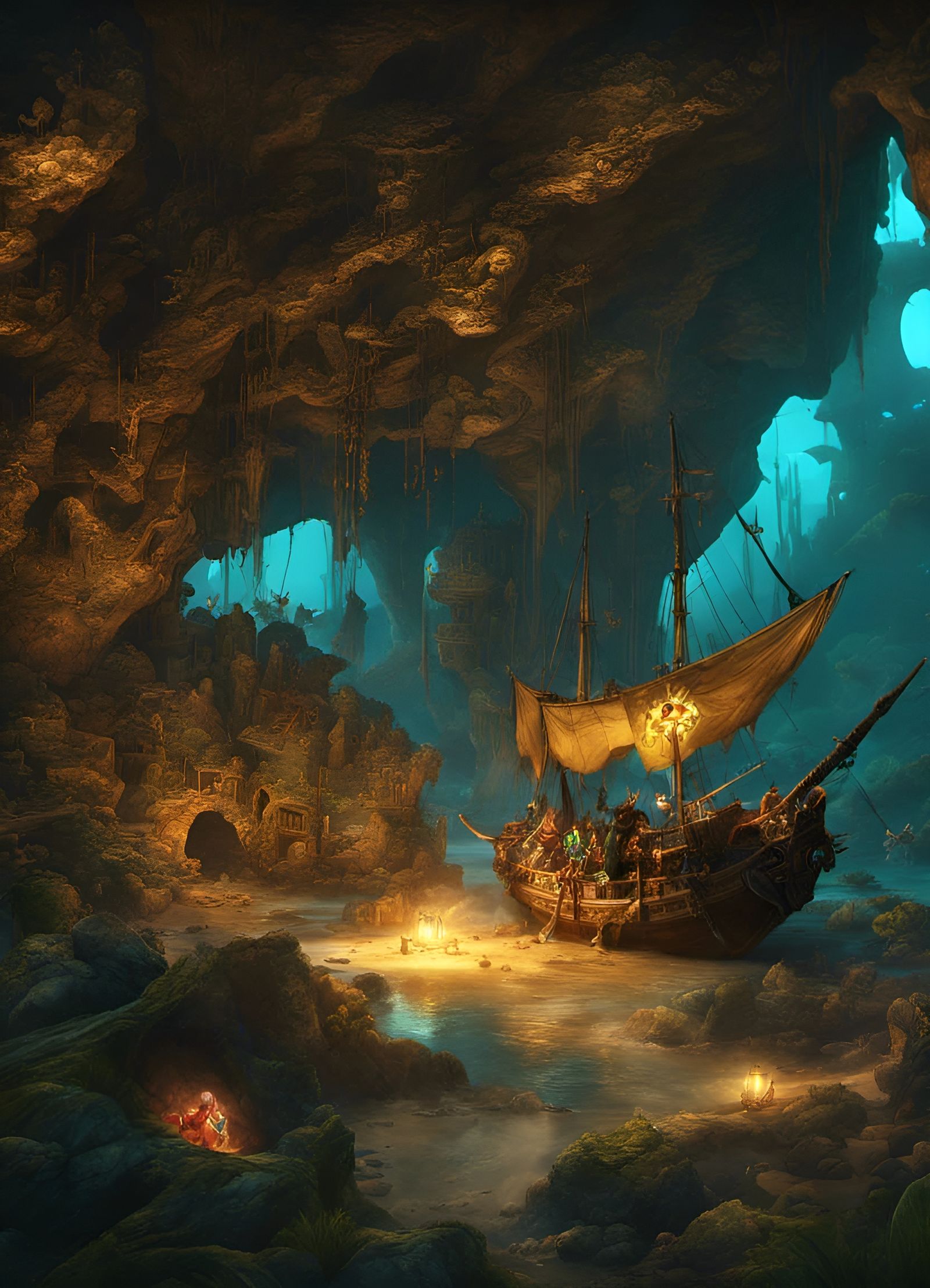 Bioluminescent Pirate Cove Fantasy Art