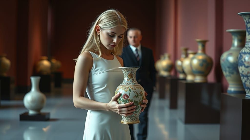 Woman Admiring Vase in Museum, Cinematic Photography