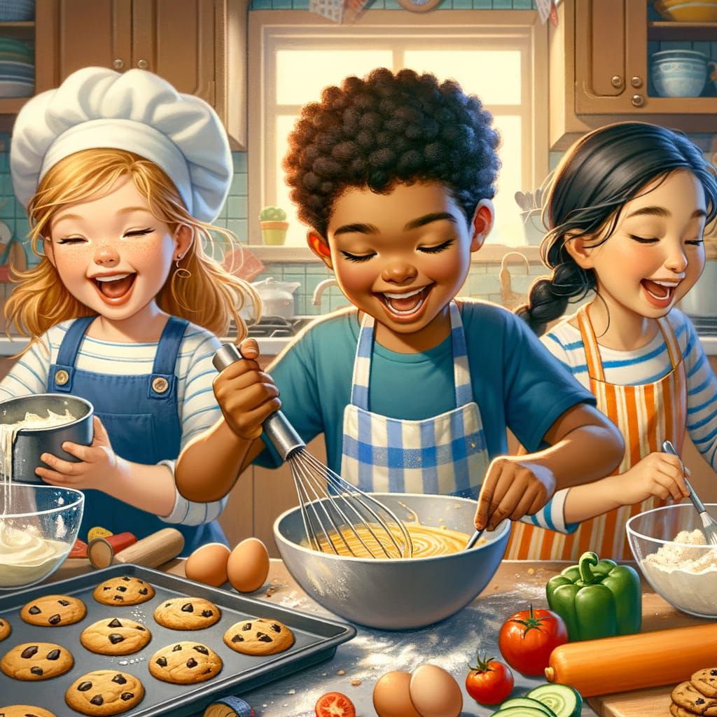 Kids Cooking Together in a Joyful Kitchen Scene