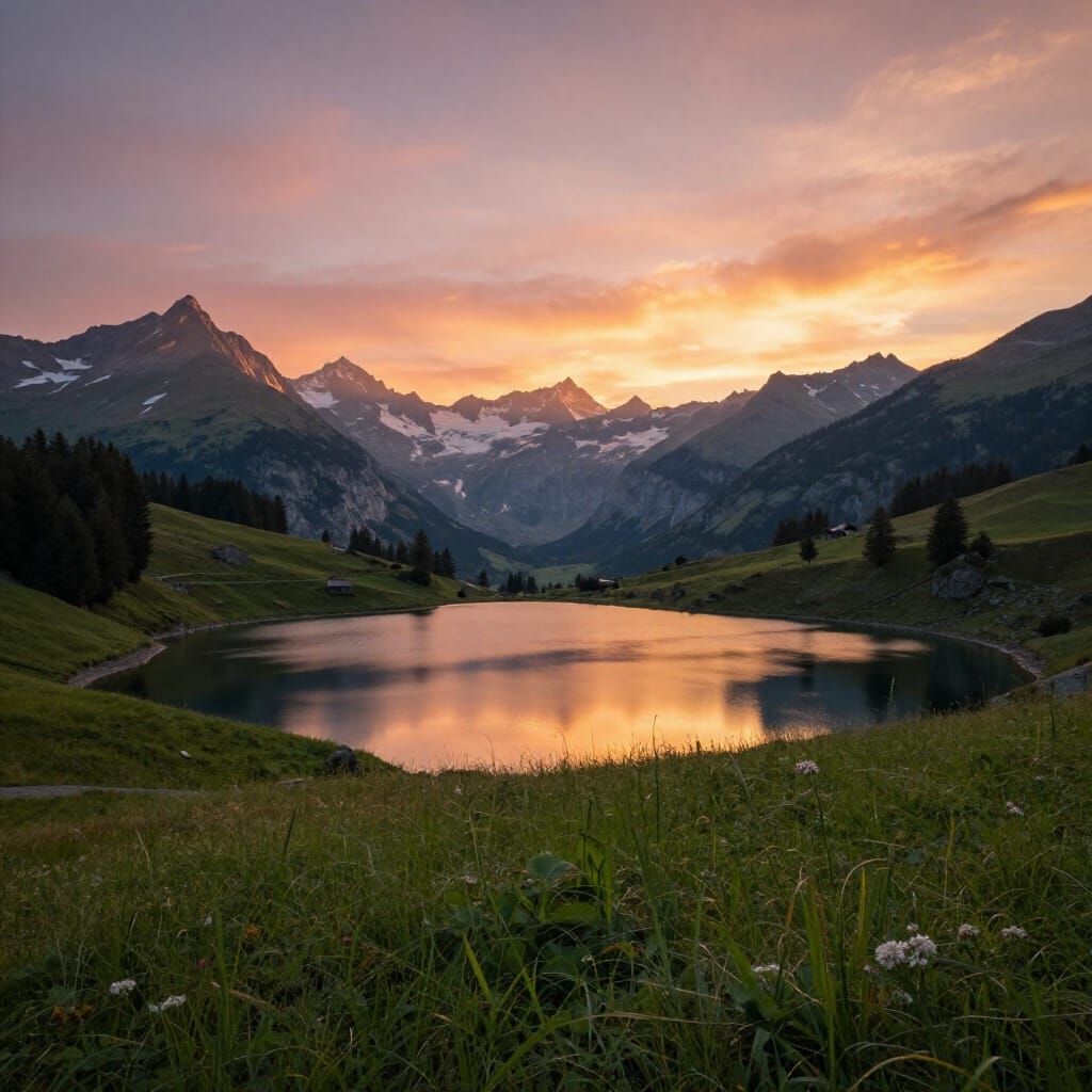 Sunrise Over Serene Alpine Lake and Swiss Mountains
