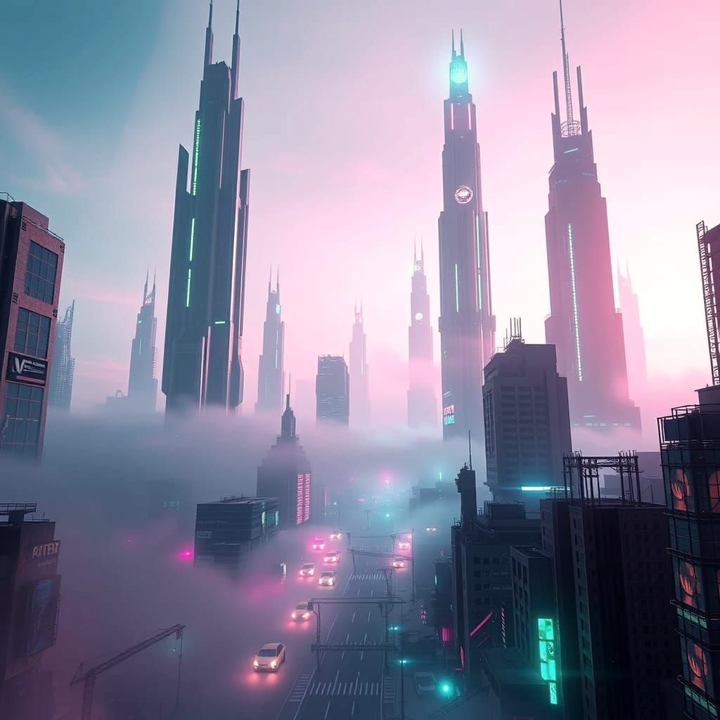 Futuristic Cityscape: Neon Lights in Early Morning Haze