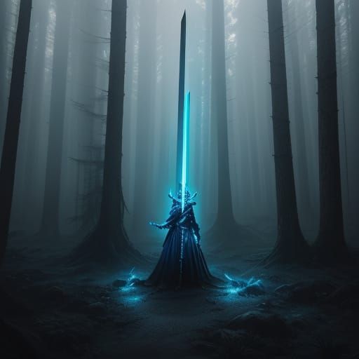 Hyperrealistic Elemental Swords in Dark Mystical Forest