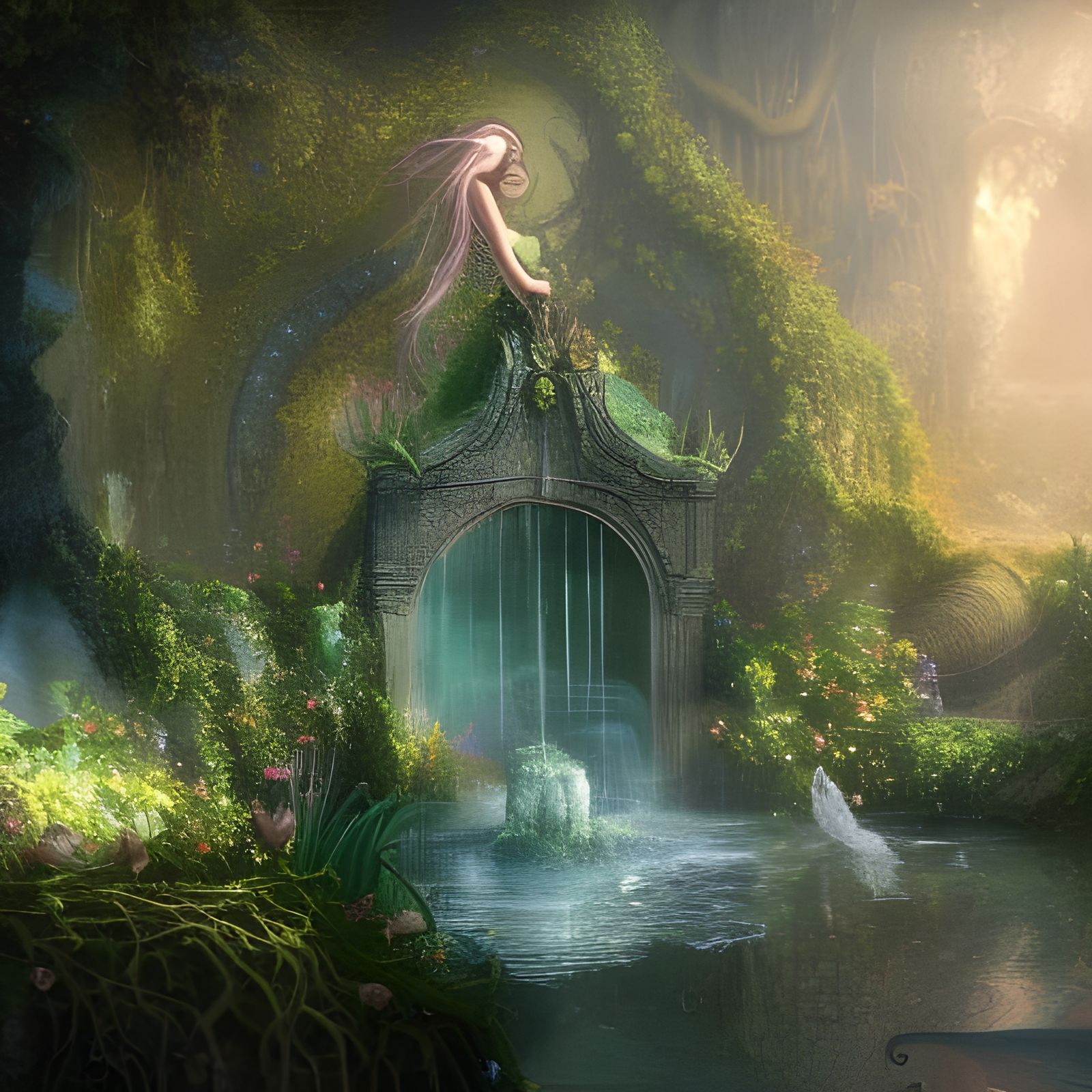 Enchantress in Secret Garden: Digital Art with Volumetric Li...