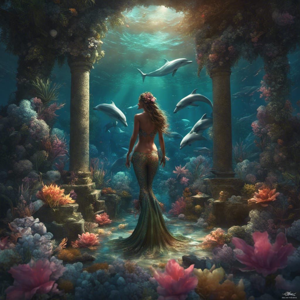 Caribbean Mermaid with Dolphins, Hyperdetailed Fantasy Art