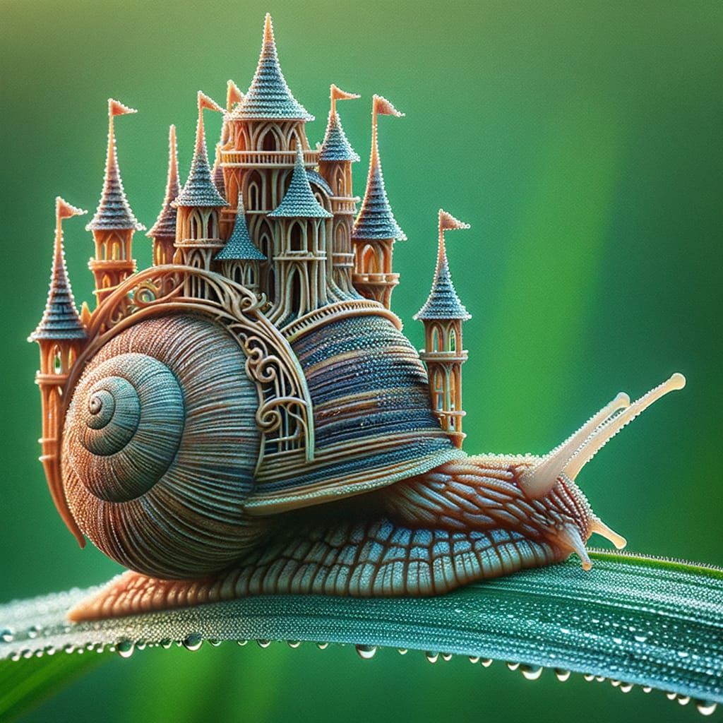 Snail Castle with Intricate Shell on Grass Blade