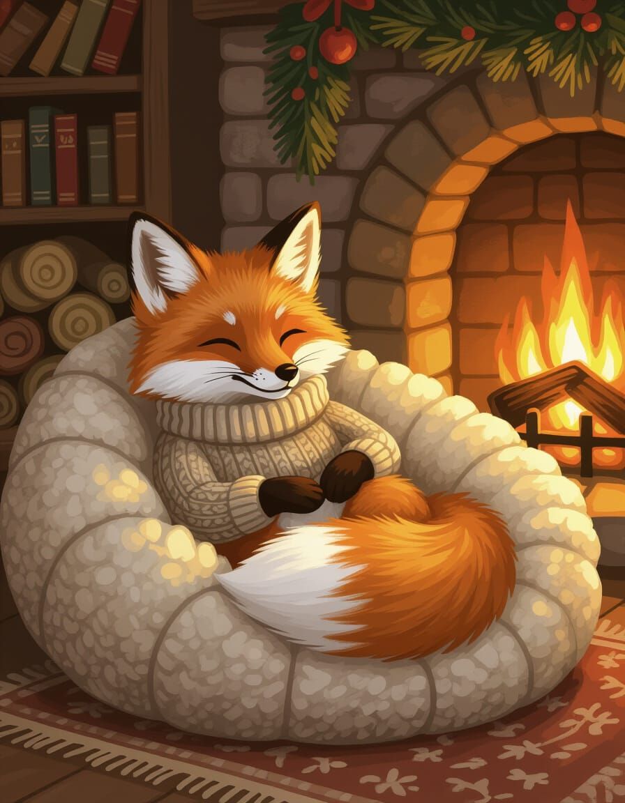 Fox in Sweater by Fireplace, Whimsical Style