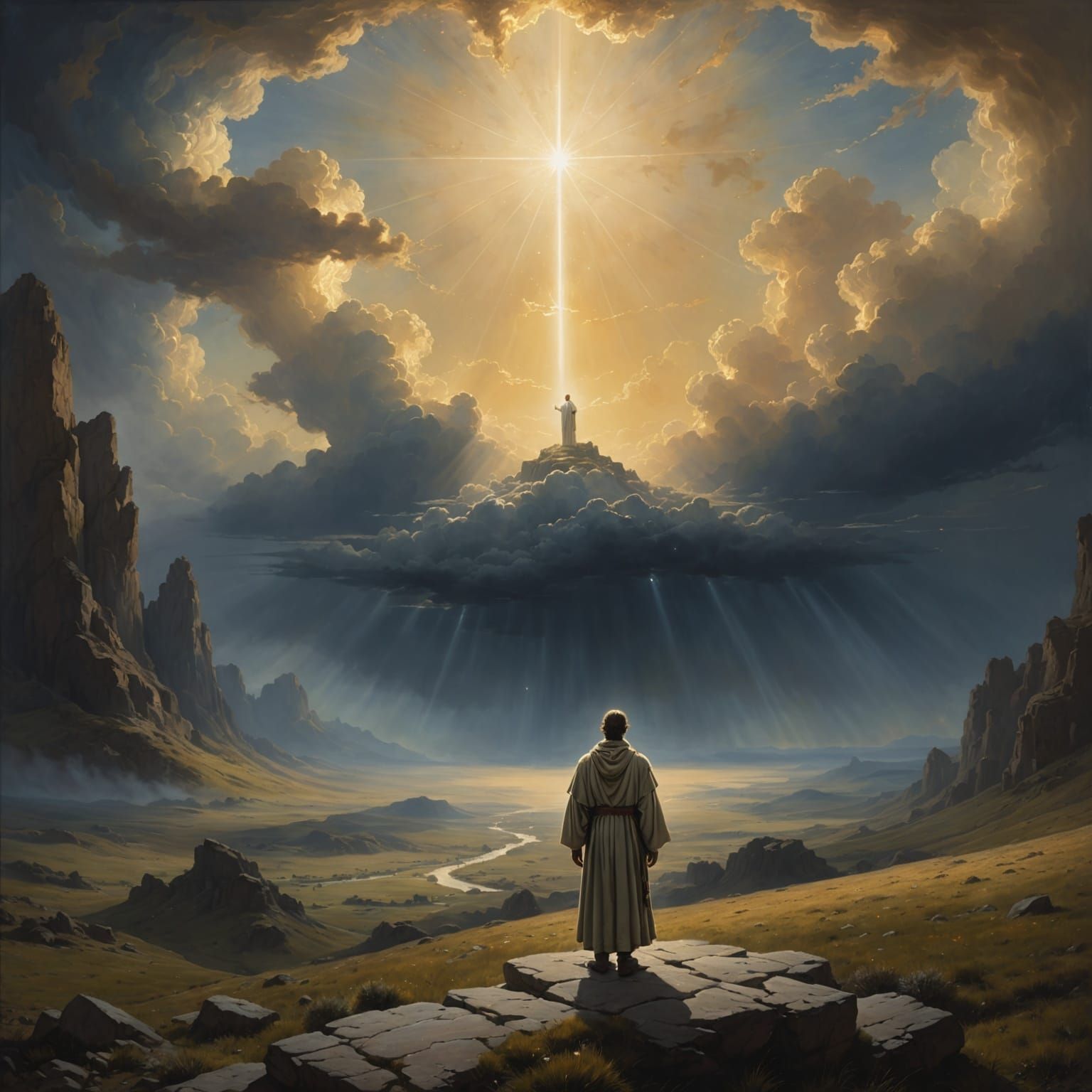 Divine Encounter in Ethereal Landscape