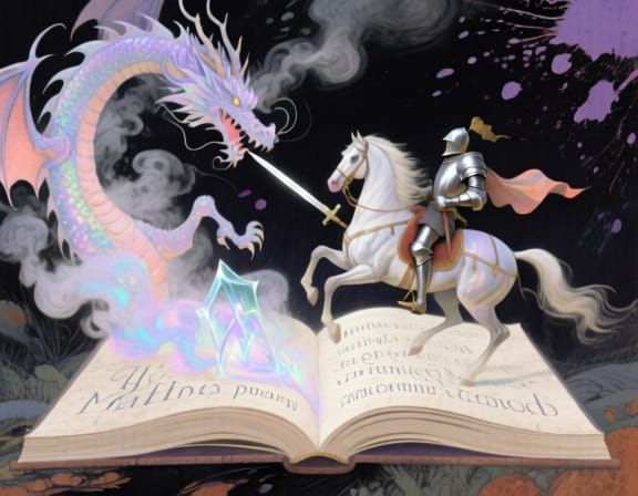Knight and Dragon Emerge from Book, in Gouache Style