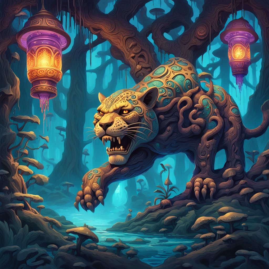 Mystical Jungle Totem with Jaguar and Goblin Carvings