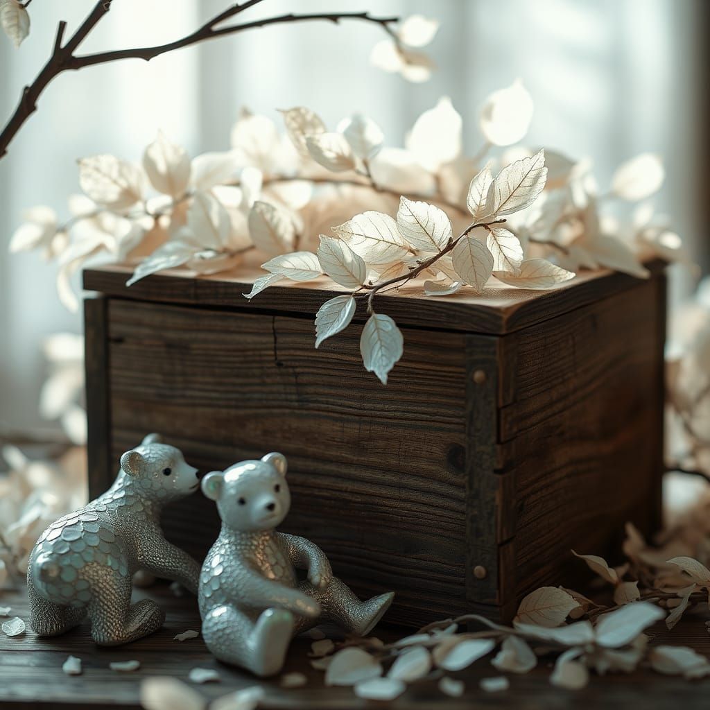 Wooden Box with Translucent Leaves and Iridescent Bears
