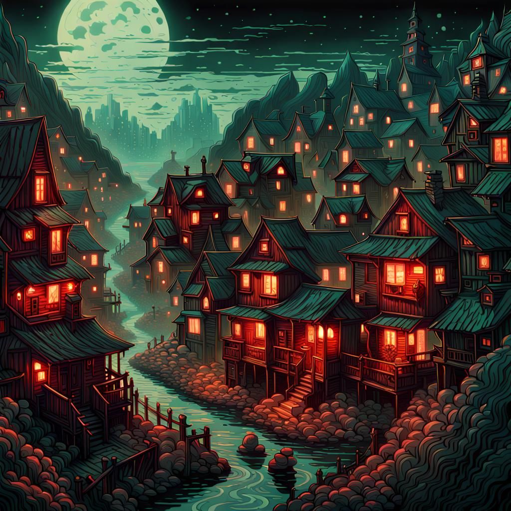 Spooky Dark Village in Hyperrealistic Style