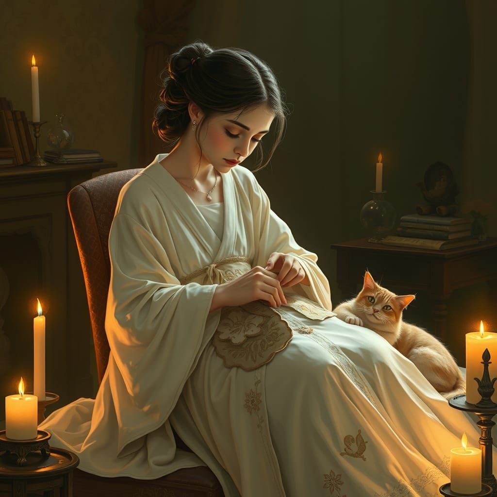Woman Sewing in Candlelight, Whimsical Illustration