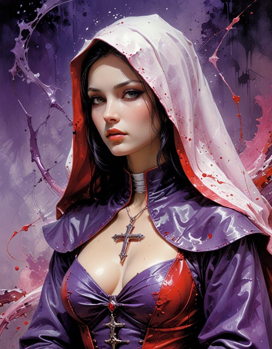 Abstract Nun in Purple, Pink, and Red