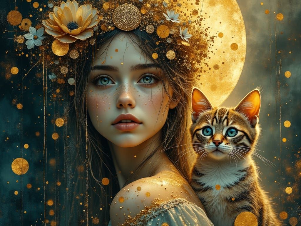 Surreal Moon Fairy Portrait with Mystical Cat