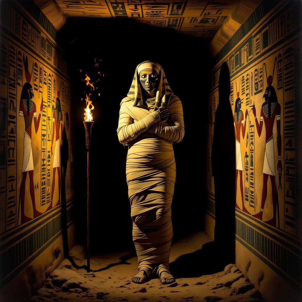 Mummy in Egyptian Tomb with Hieroglyphs