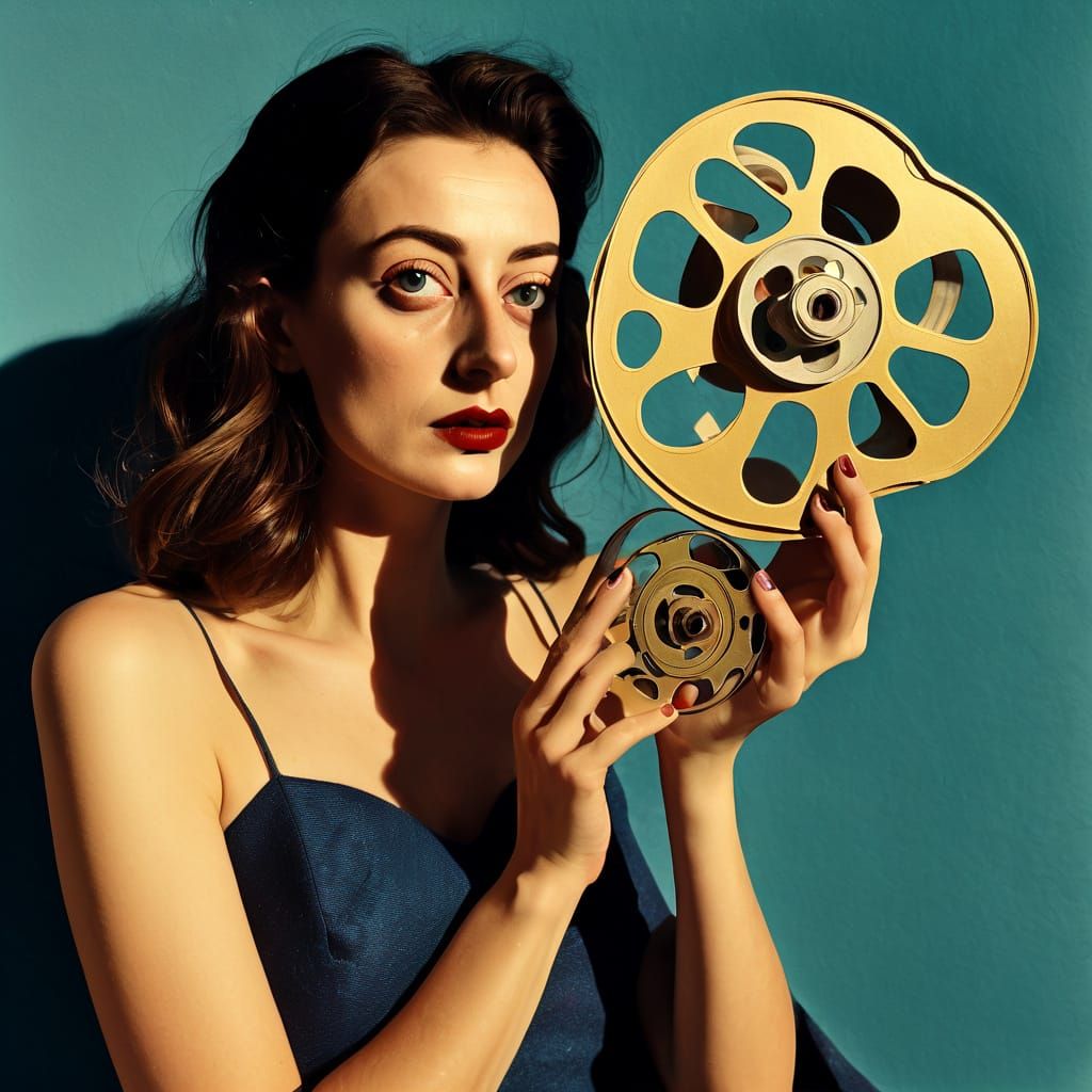 Surreal Woman with Film Reel in Mixed Media Style