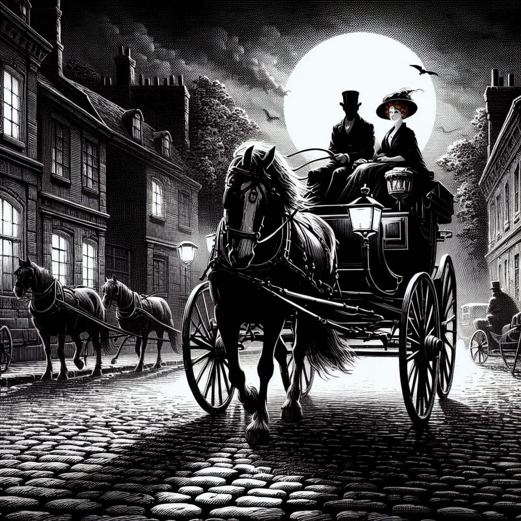 A Victorian Era Horse-Drawn Carriage Ride Under Moonlit Skie...