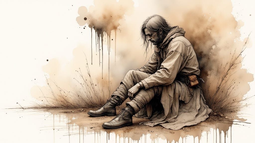 Melancholic Figure in Earth Tones with Watercolour and Gouac...