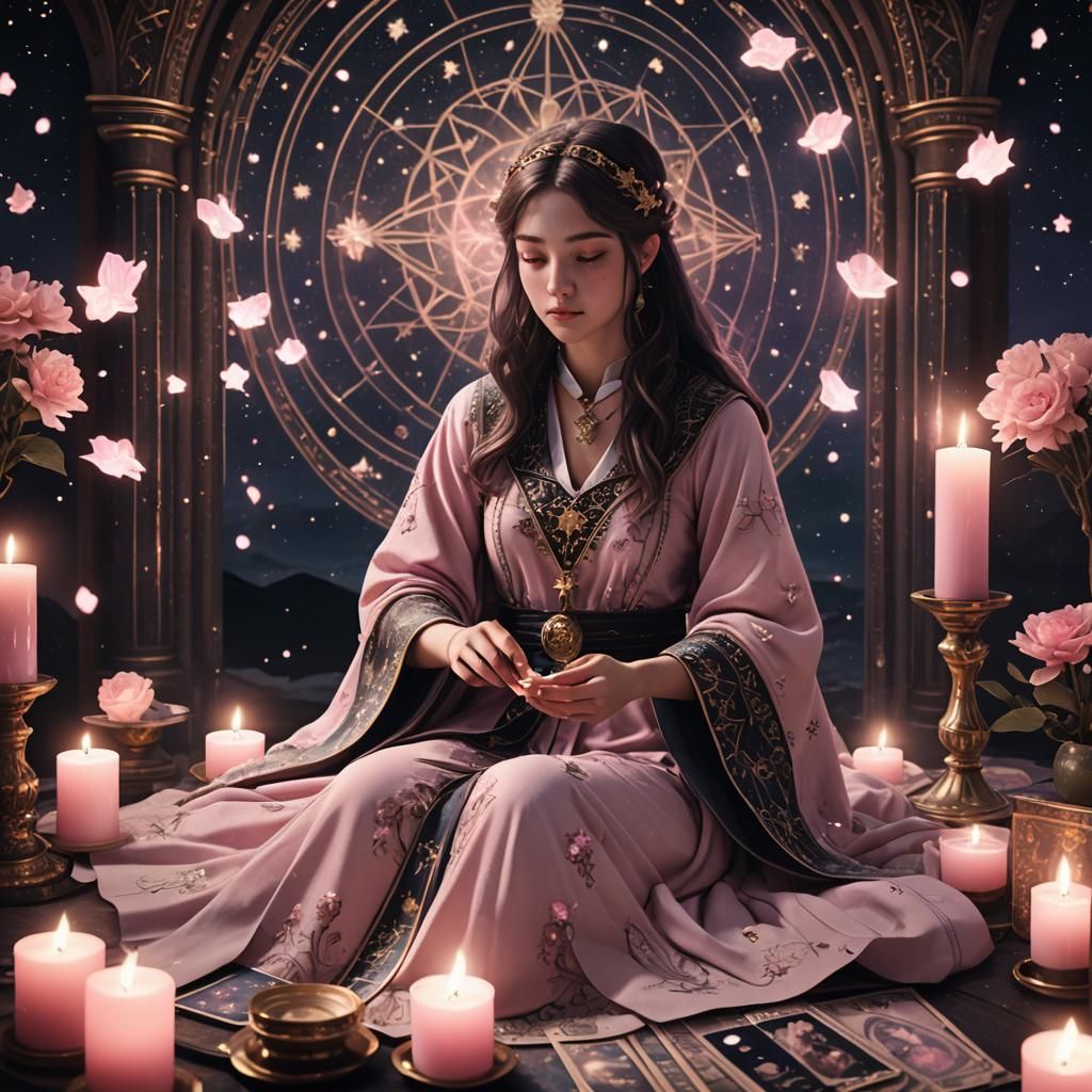 Mystical Tarot Reader in Starry Chamber