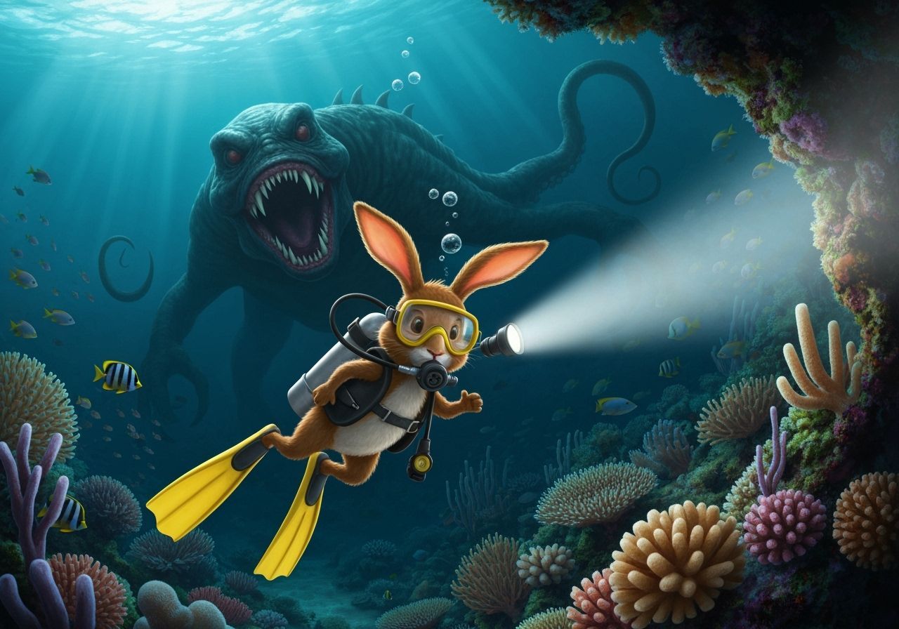 Curious Rabbit Diver and Undersea Monster