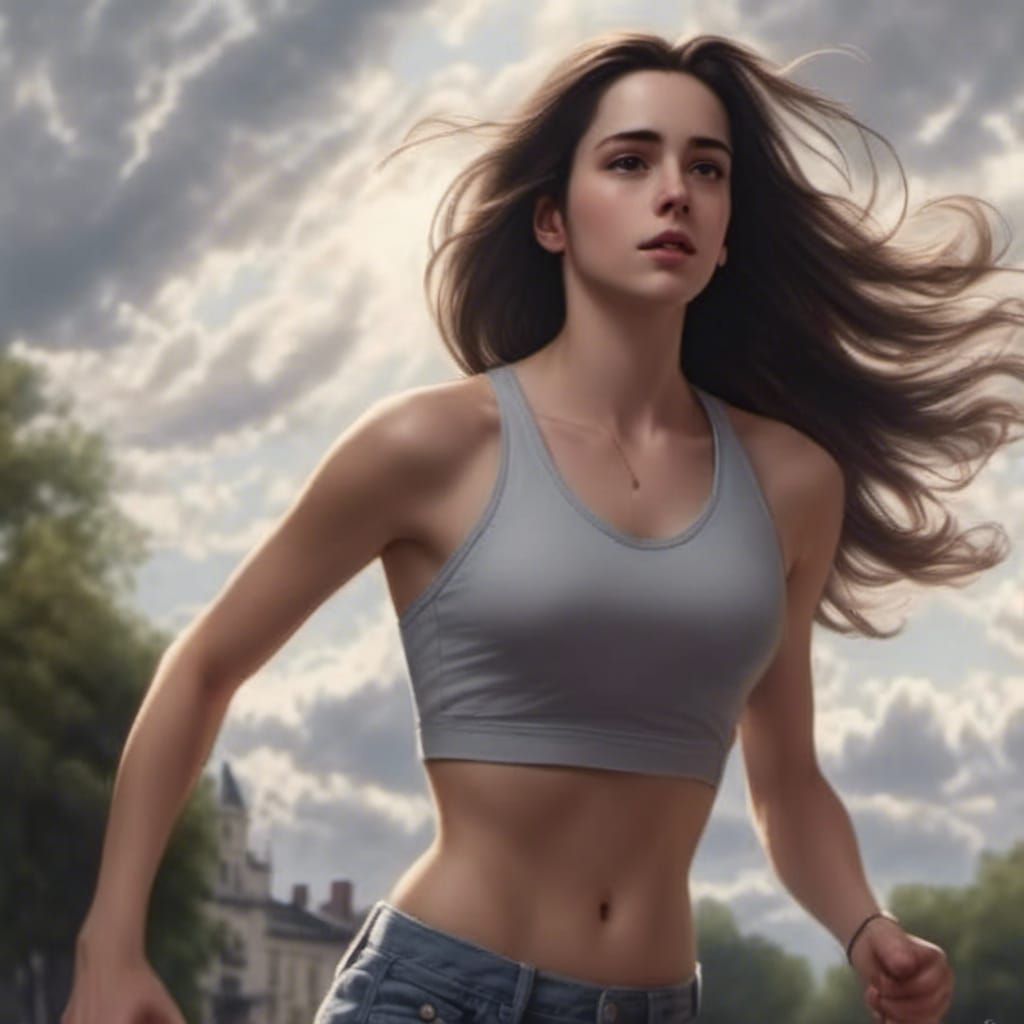 Beautiful Woman Jogging on Cloudy Morning: Hyperrealistic St...