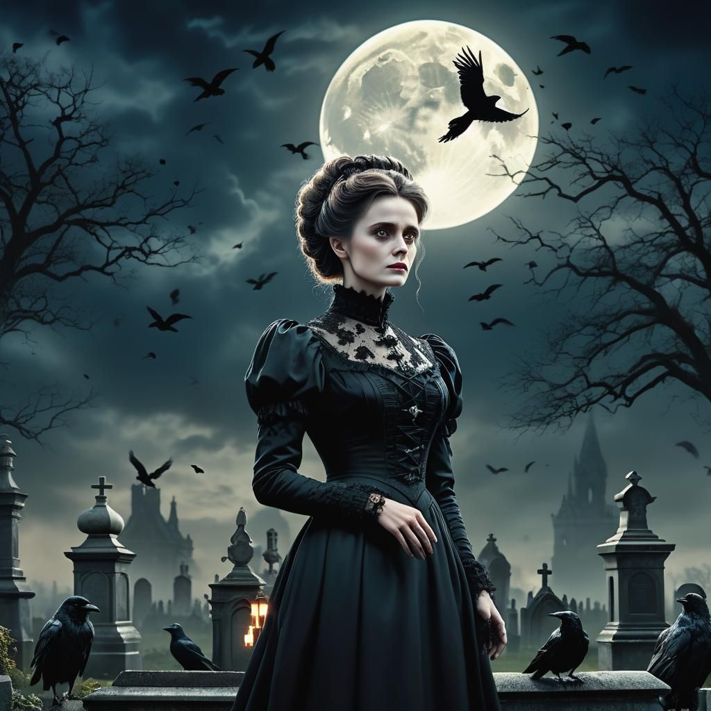 Victorian Lady in Gothic Graveyard Digital Painting