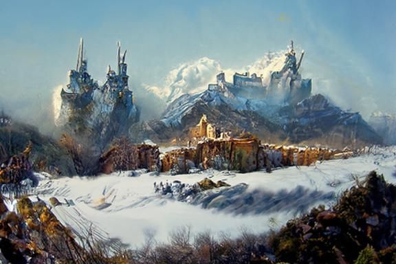 Old Castle on Snowy Mountains: Sinister Oil Painting