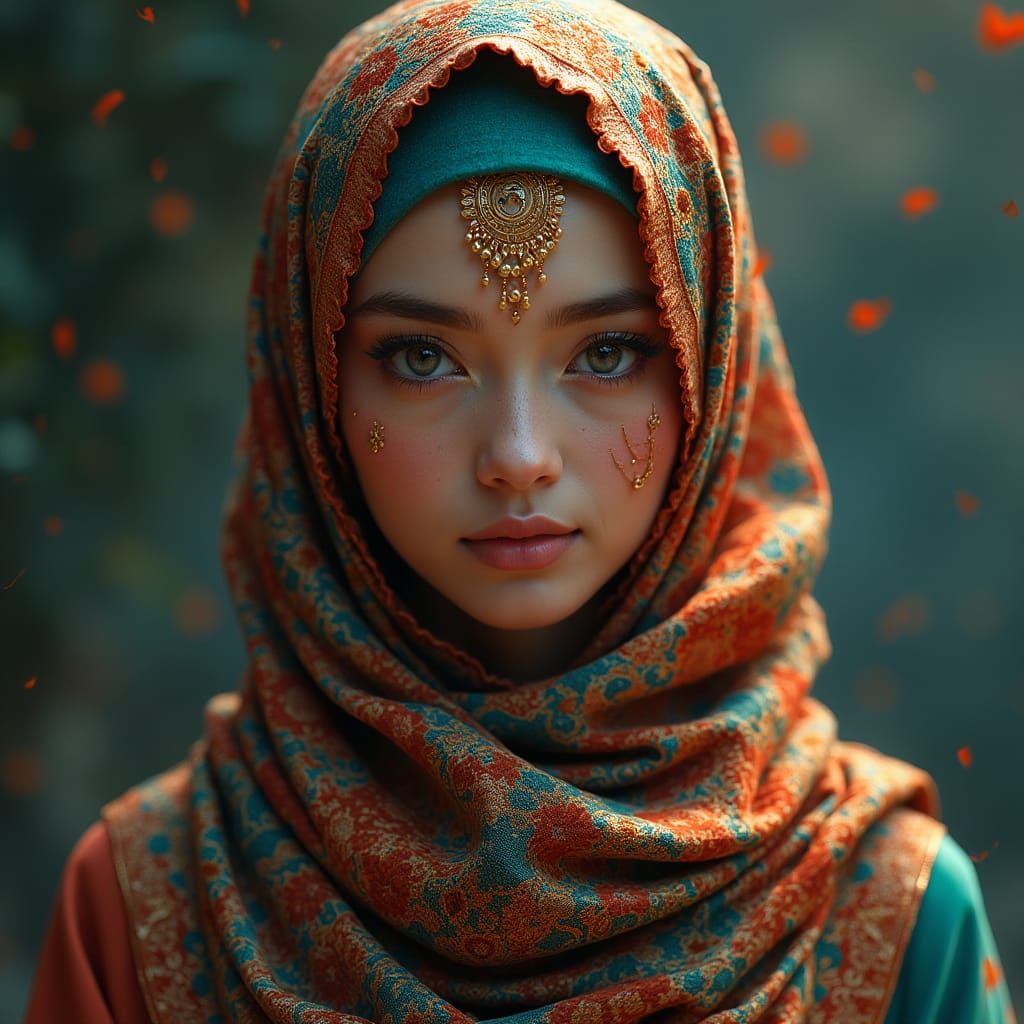 Hyperrealistic Portrait of Woman in Colorful Hijab