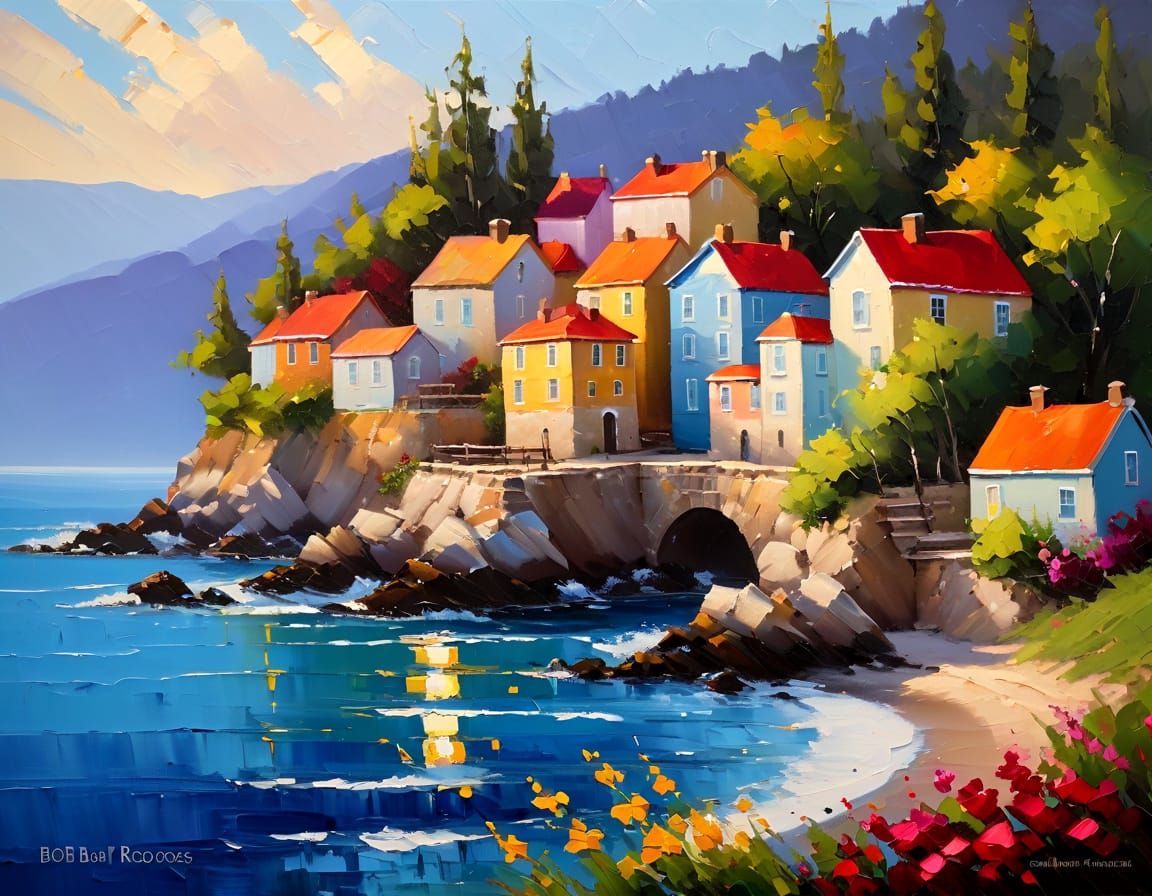 Impasto Coastal Village Under Sunny Skies