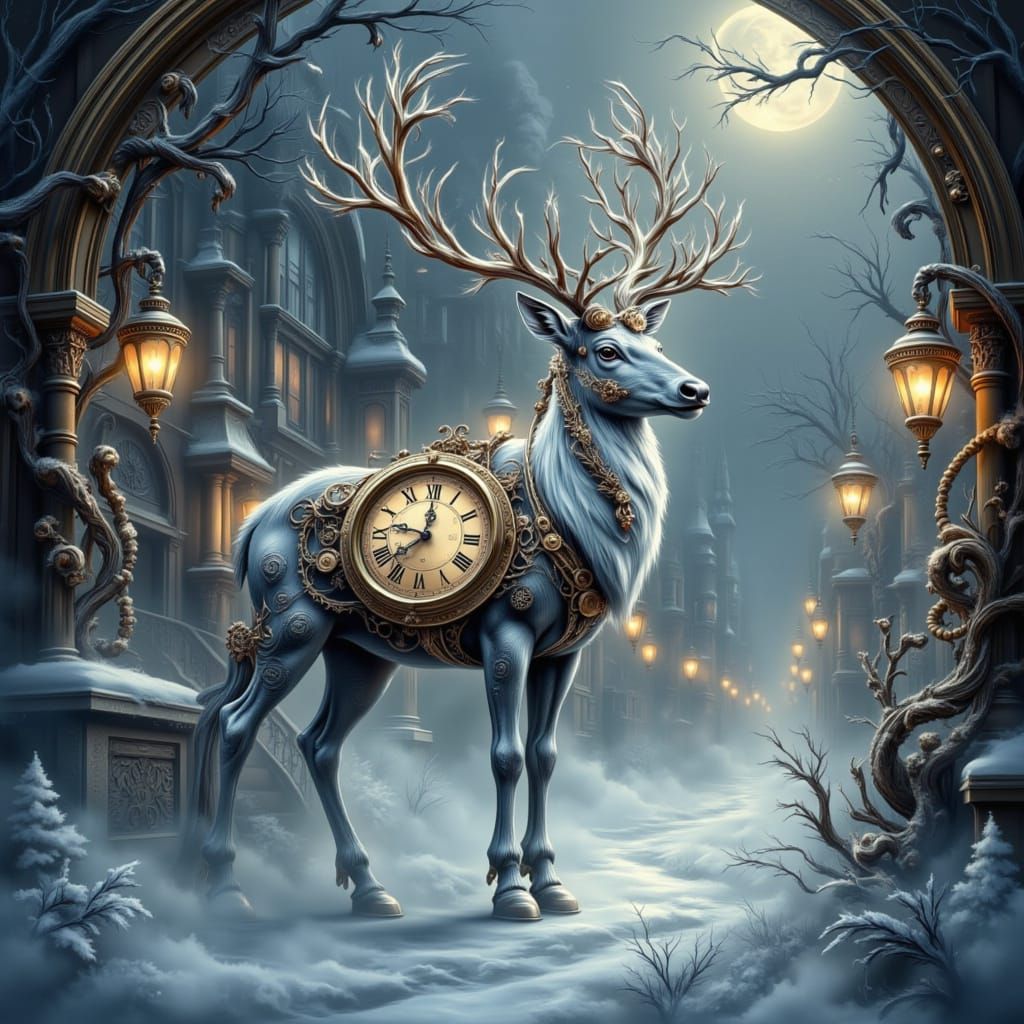 Clockpunk Reindeer at North Pole in Steampunk Style