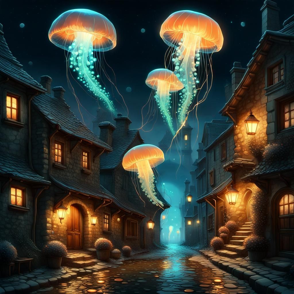 Bioluminescent Jellyfish Fly Above Cobblestone Village