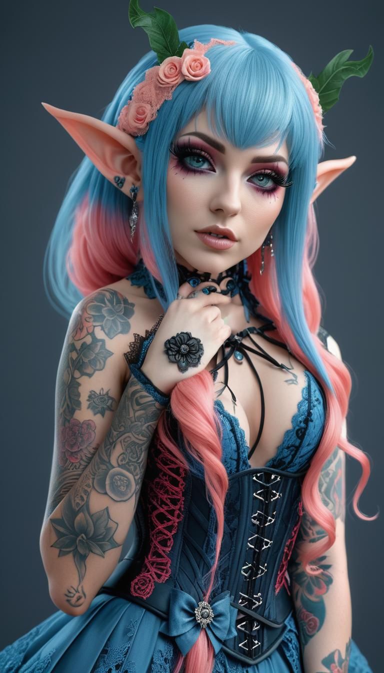 2/3 portrait of a gothic  tattooed female elf, adorned with ...