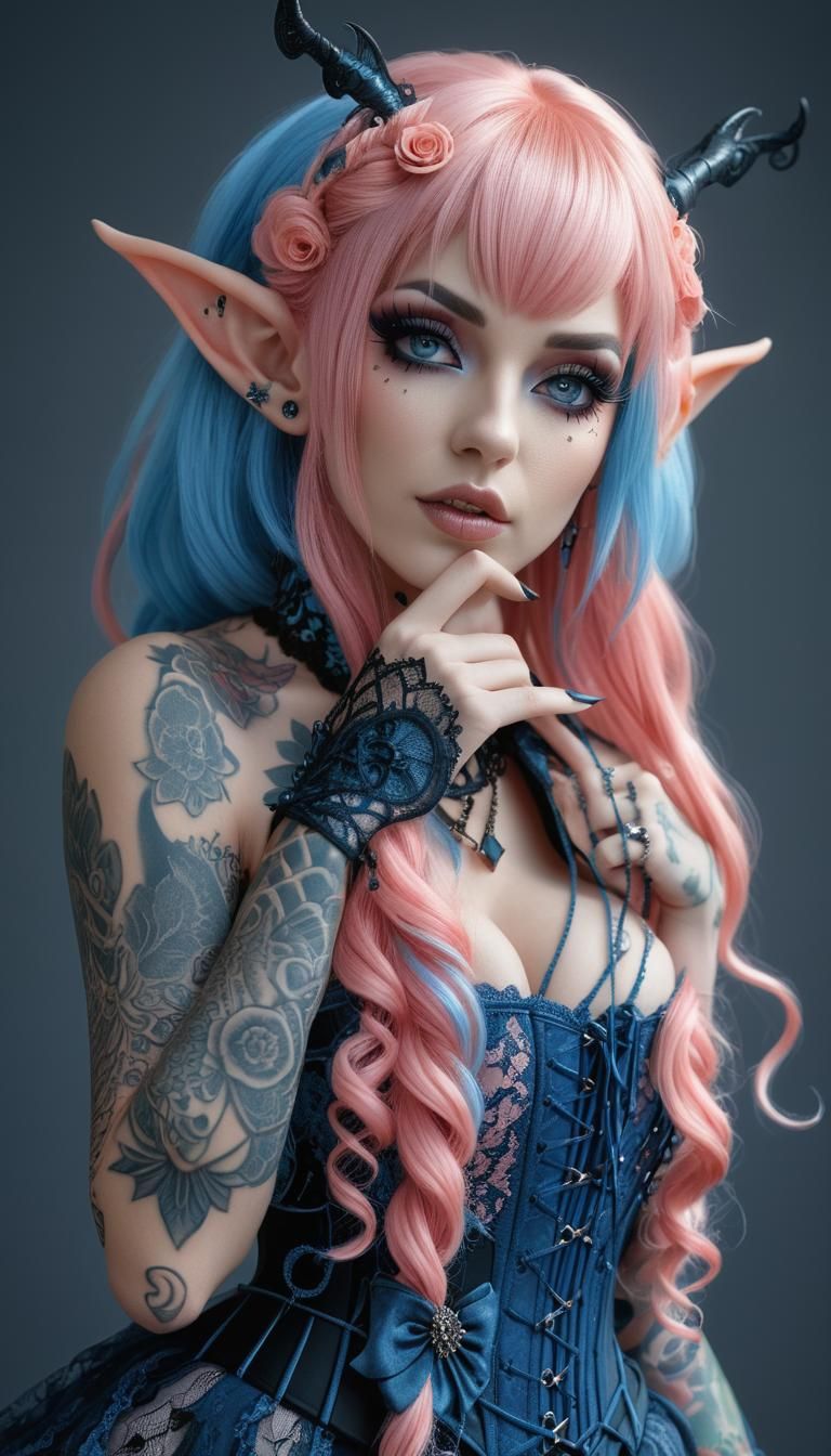 2/3 portrait of a gothic  tattooed female elf, adorned with ...