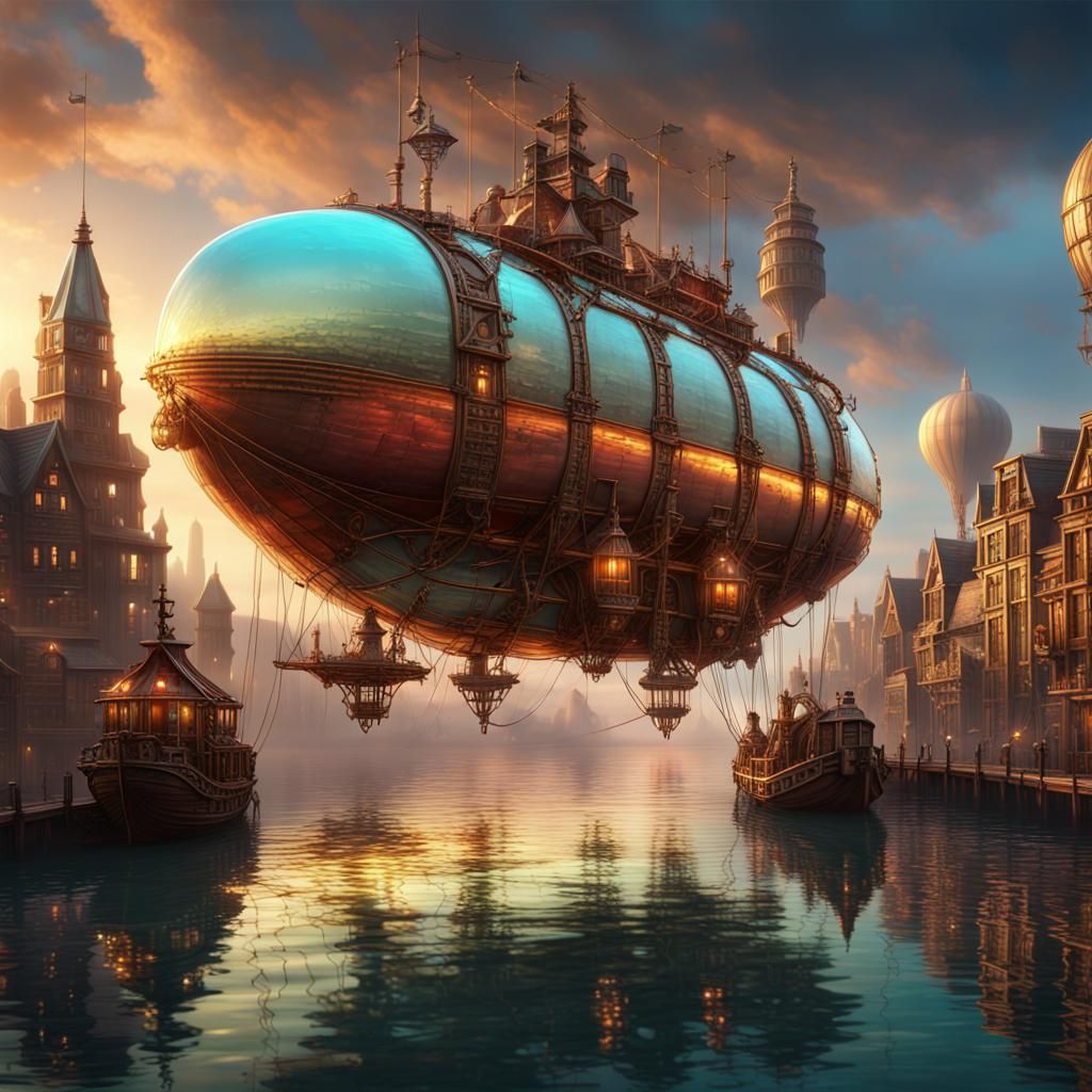 Steampunk Airship Over Glass City: Fantasy Concept Art
