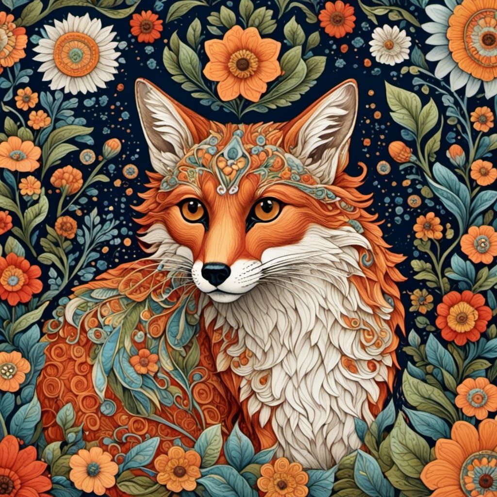 Fox in Enchanted Forest by Moonlight, Colored Pencil Art