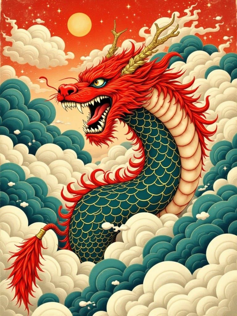 Mythical Qilin Emerges from Swirling Clouds in Vintage-Inspi...