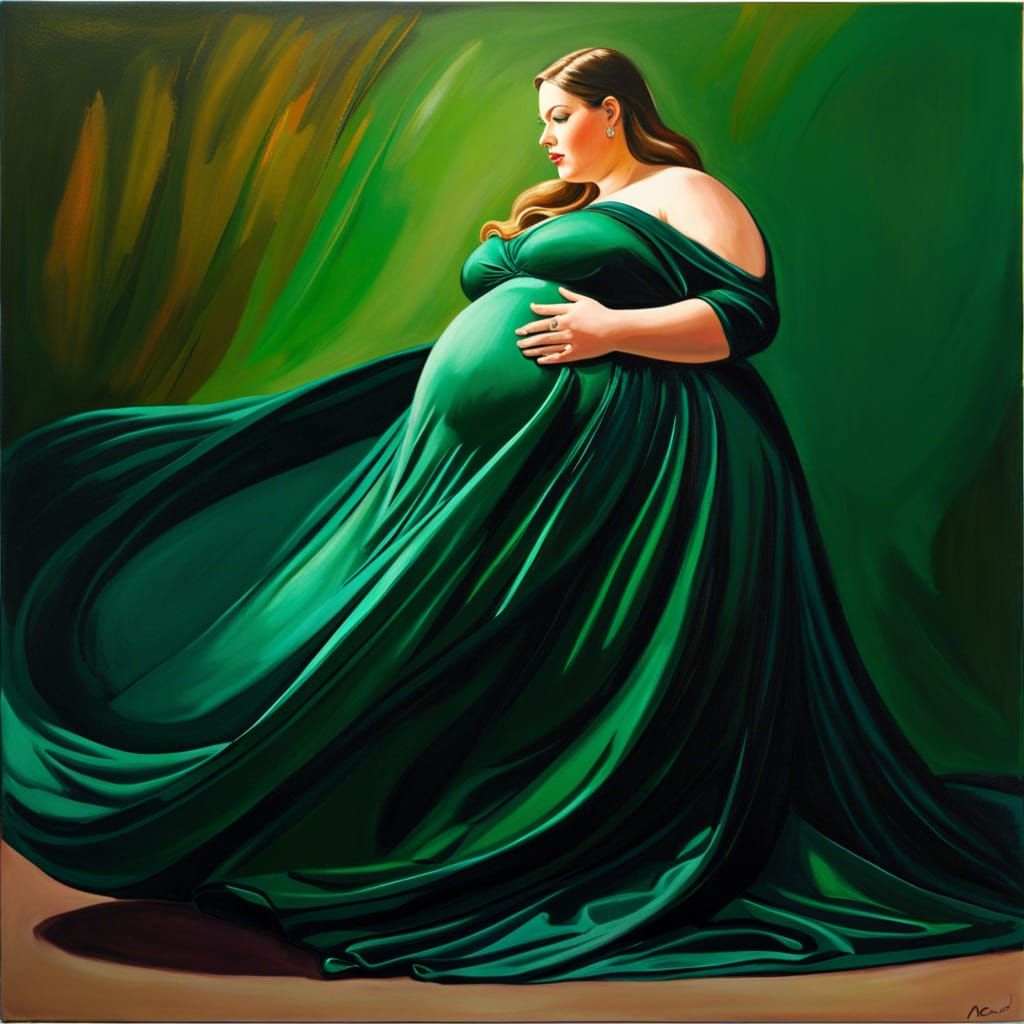 Pregnant Woman in Green Silk: Expressionist Oil Painting