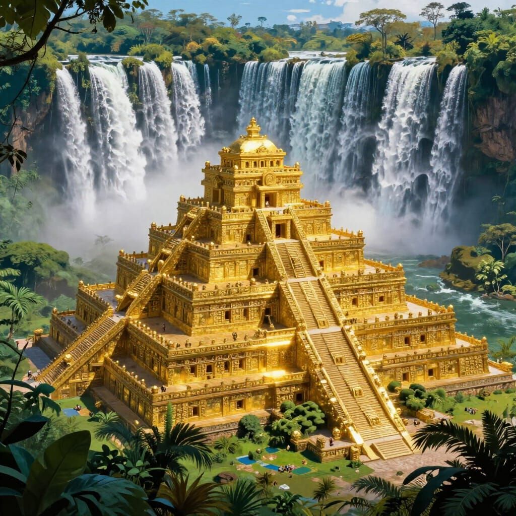 Golden Aztec City Beside Waterfall