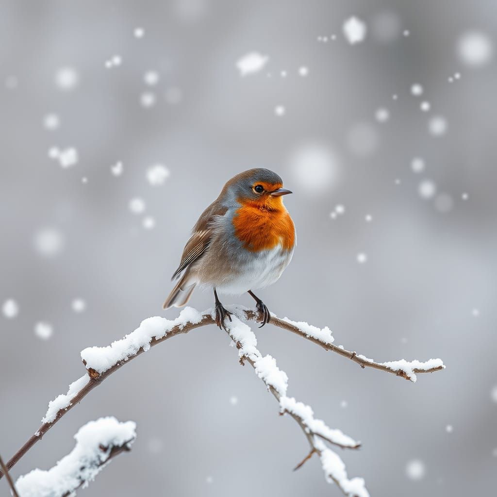 Robin on Snow-Dusted Branch in Muted Winter Tones