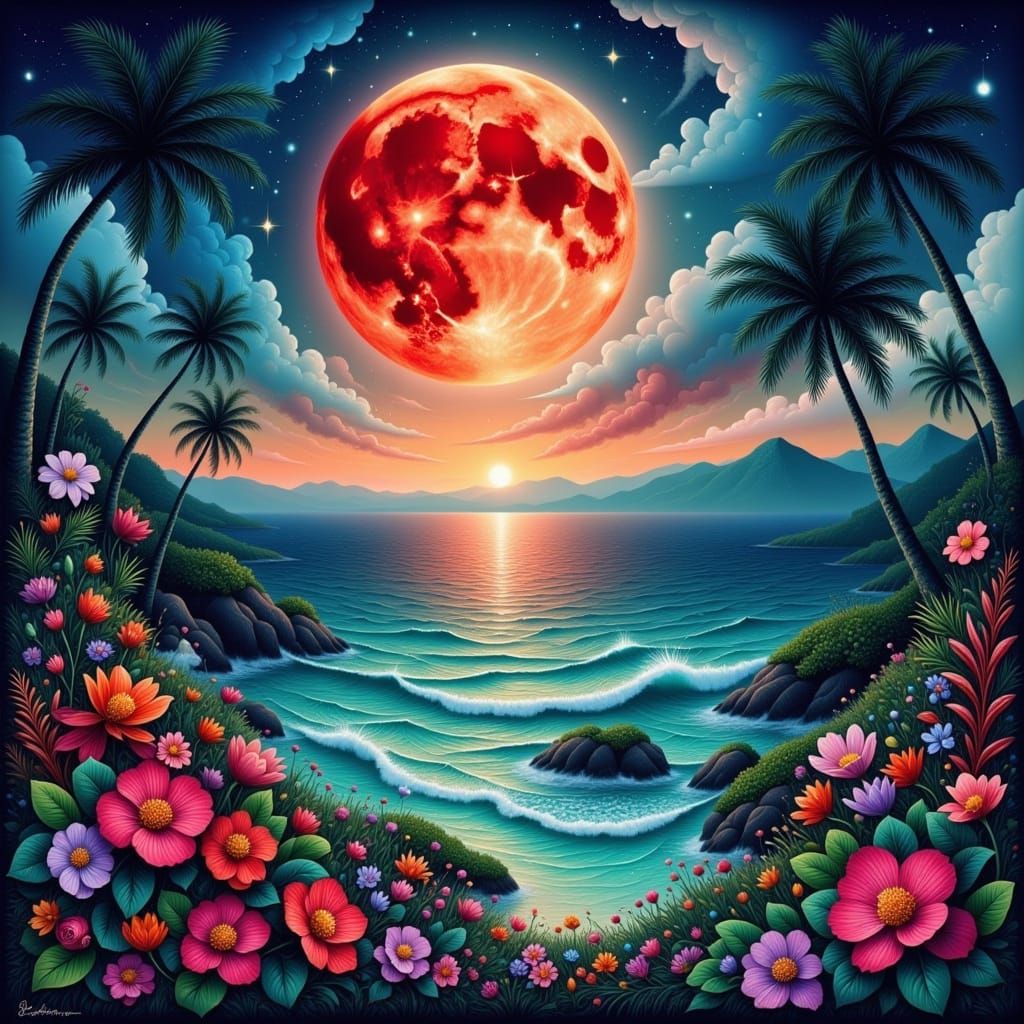 Blood Red Moon Over Teal Ocean in Paper Art