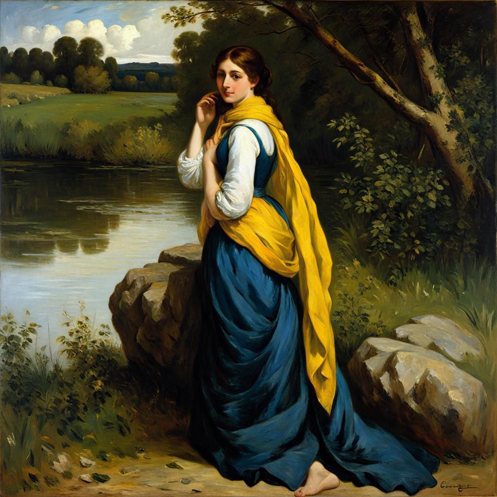 Woman at Riverbank in Realist Oil Painting