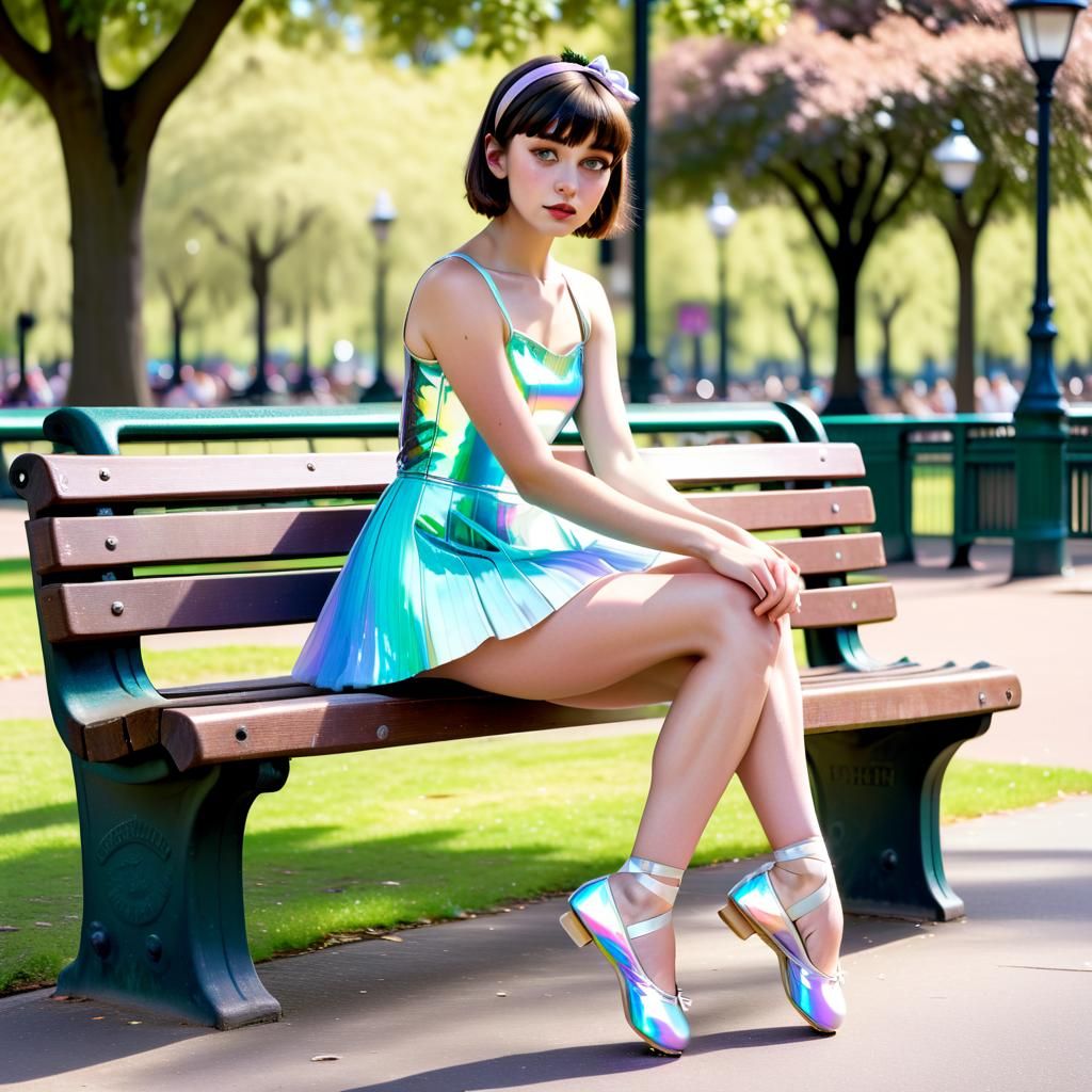 Young Woman in Iridescent Dress on Park Bench