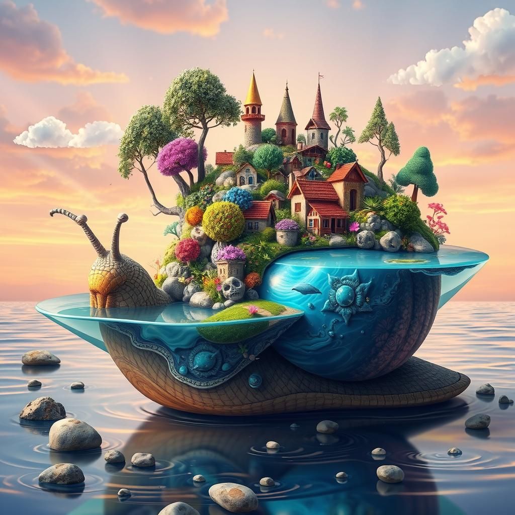 Giant Snail Carries Wonderland: Fantasy AI Art