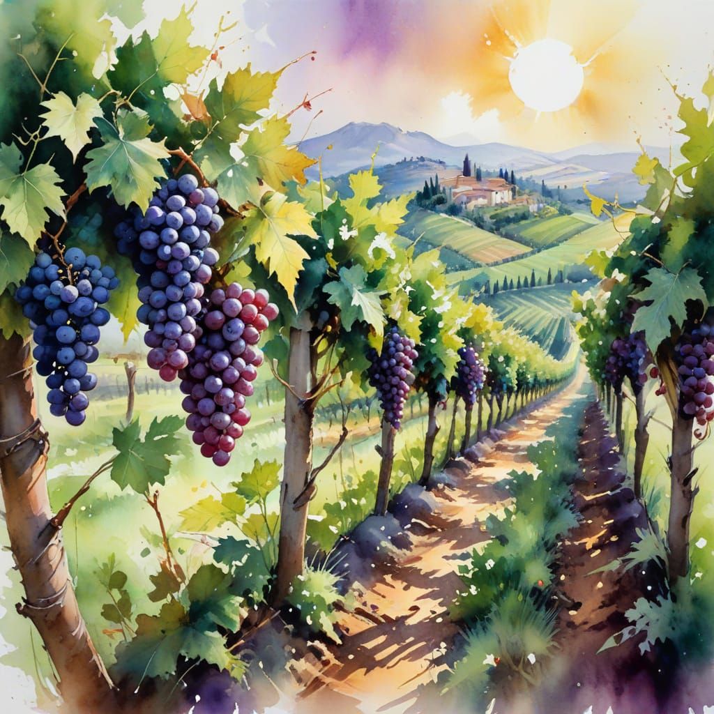 Whimsical Tuscany Vineyard Landscape in Expressive Watercolo...