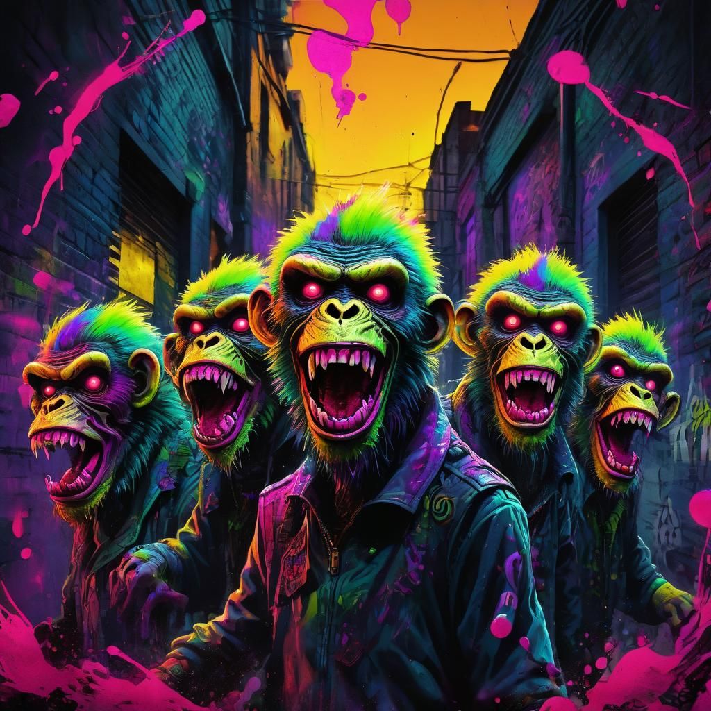 Psychedelic Zombie Monkey Clowns in Fluorescent Graffiti Art