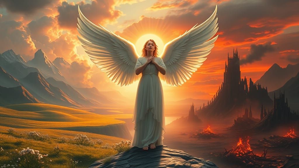 Serene Angel Bridges Hope and Ruin in Vibrant, Golden Realms
