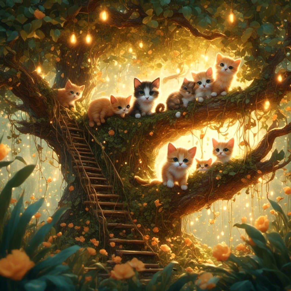 Playful Kittens in a Mystical Treehouse