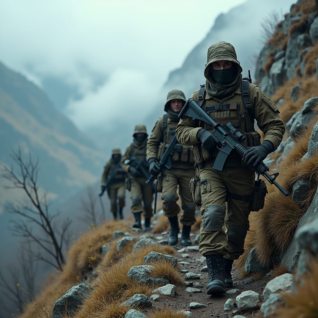 Soldiers Climb Mountain in Gritty Cinematic Style
