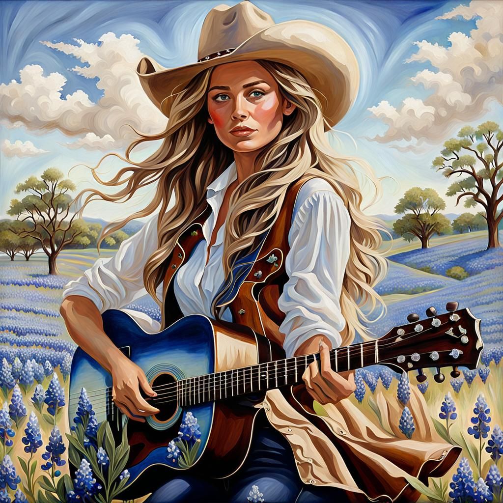 Texas Cowgirl in Bluebonnet Field: Oil Painting